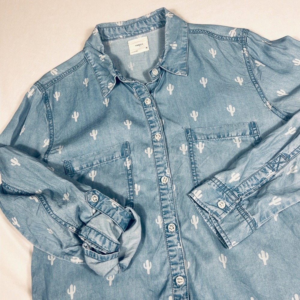 Harper All Over Cactus Print Lyocell Button‎ Down Shirt Blue Medium Western Boho
